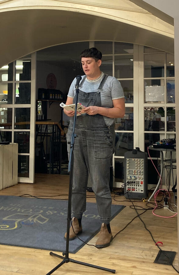 andrea bennett reading at PEP Rally.